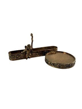 Antique Brass Tea Cup & Saucer Holder Cherub & Ornate Floral Design